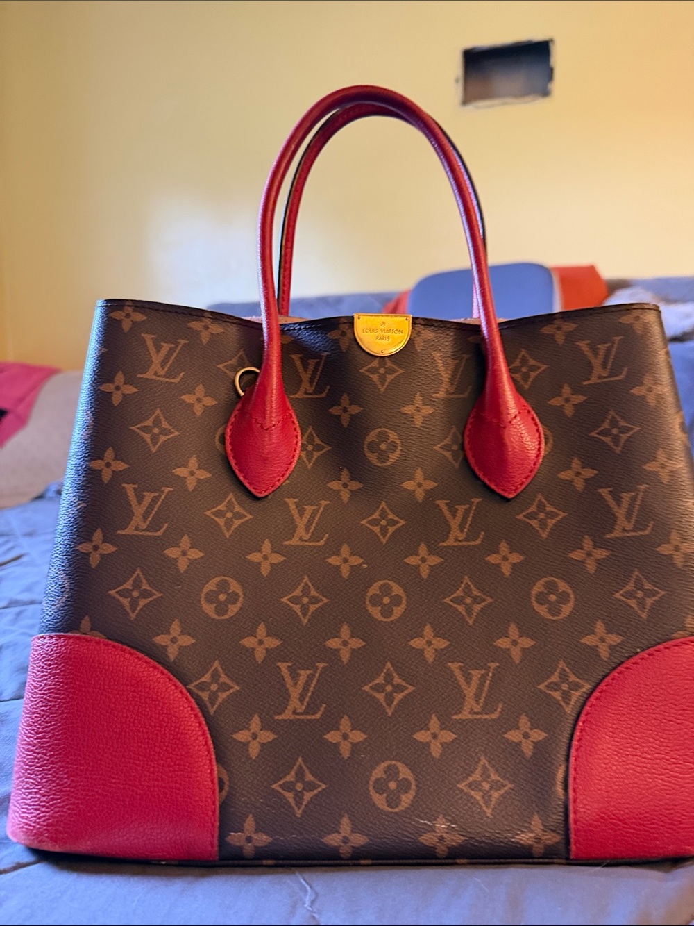 Louis Vuitton Monogram Tote with Red Handles and Corners - Picture 3 of 5